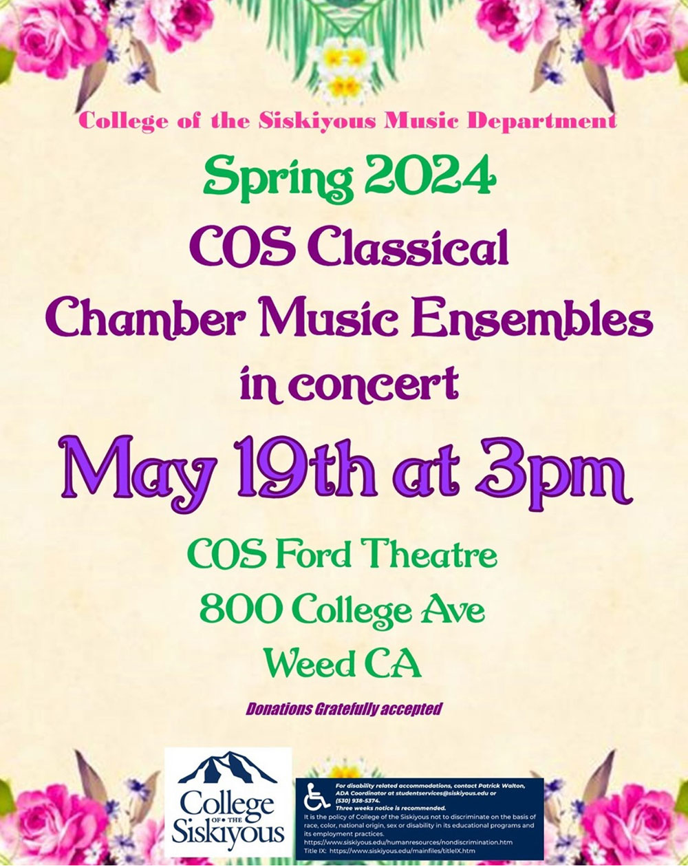 Spring 2024 COS Classical Chamber Music Ensembles in concert. May 19th at 3:00 pm. COS Ford Theatre. Donations gratefully accepted.