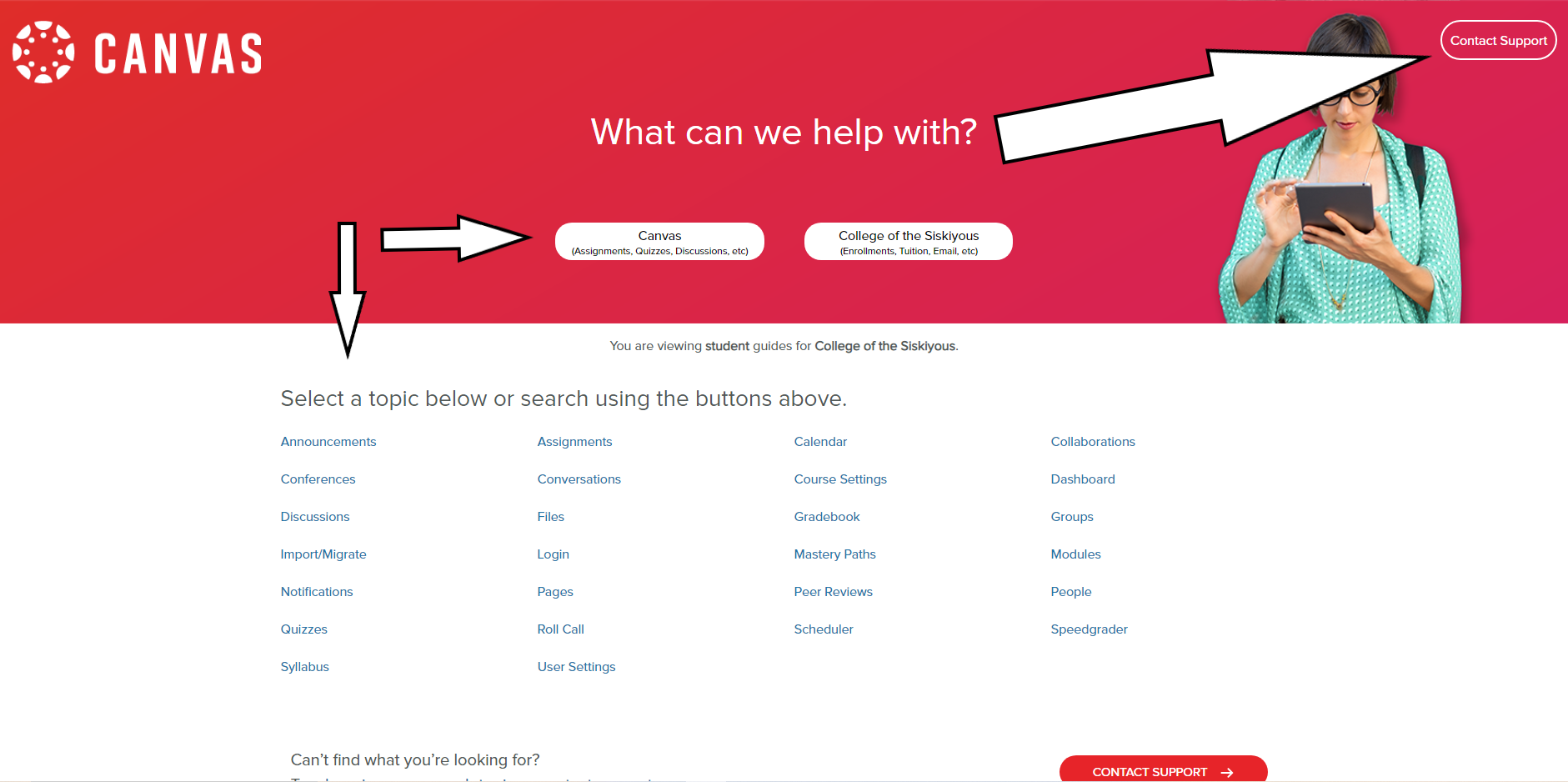 Canvas support page showing links to search buttons and support options