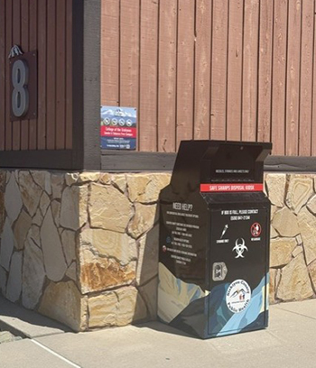 Sharps kiosk outside of Emergency Services Trainin Center