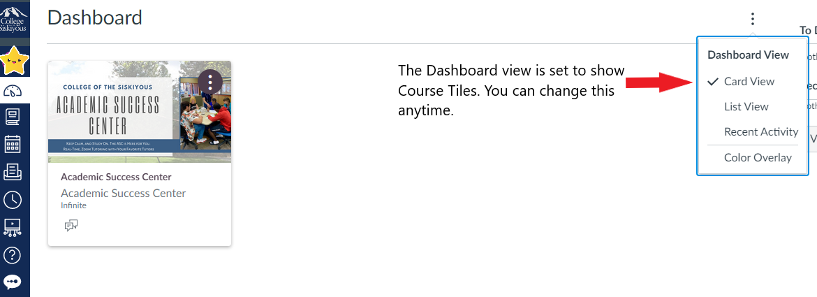 canvas dashboard student view with more options menu showing settings selected to show card view or course tiles